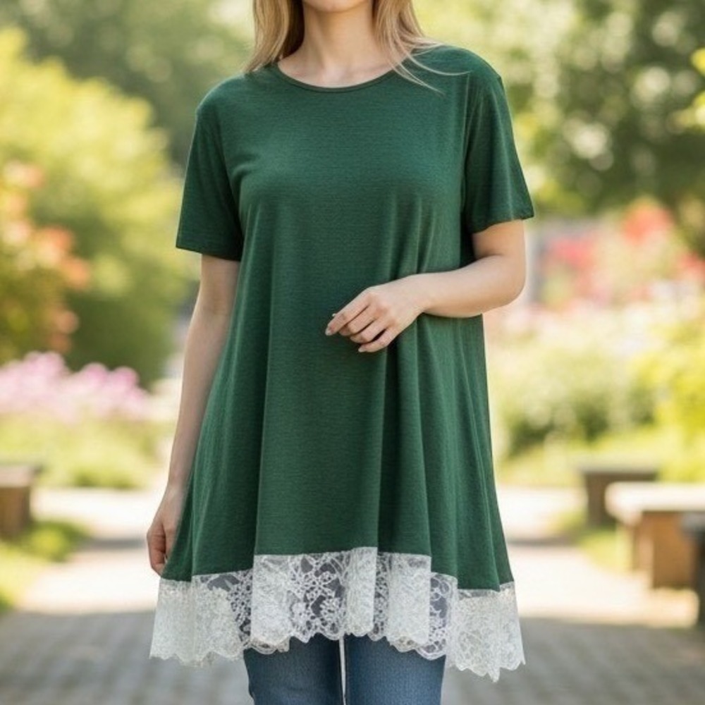 HALIFE Dress Women 2XL Green Lace Trim Short Sleeve A-Line Jersey‎ Blend